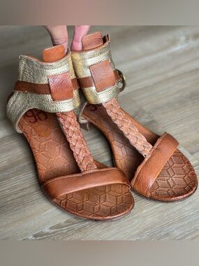 A.S.98 Rare Leather Gladiator Sandals Gold/Brown Braided T-Strap Boho EU 40